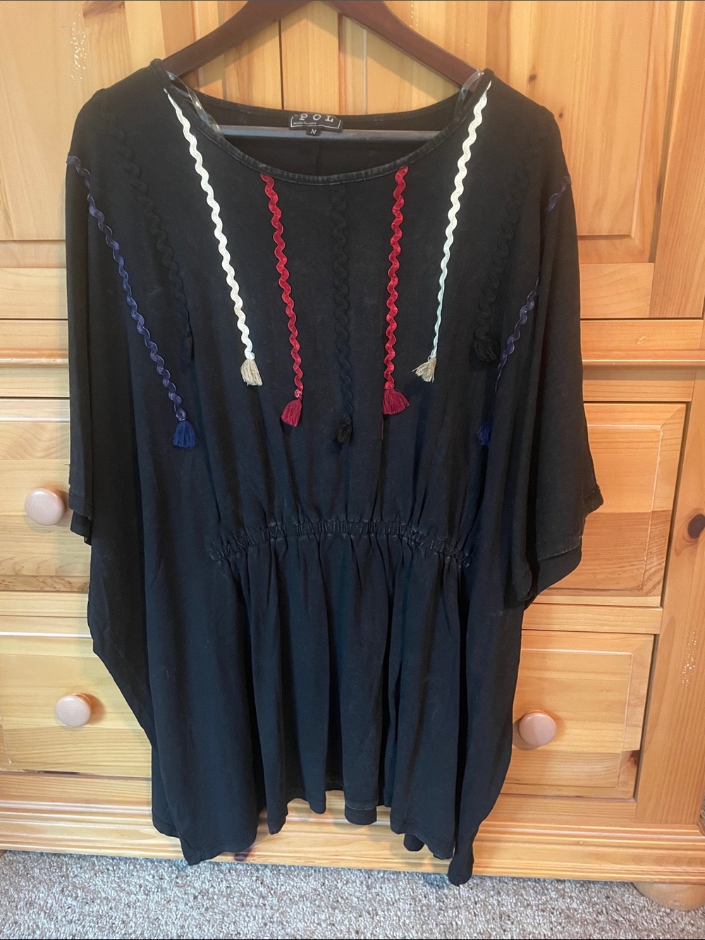 NWOT POL Black Tassel and Ric-rac trim. Peasant Tunic with elastic at waist